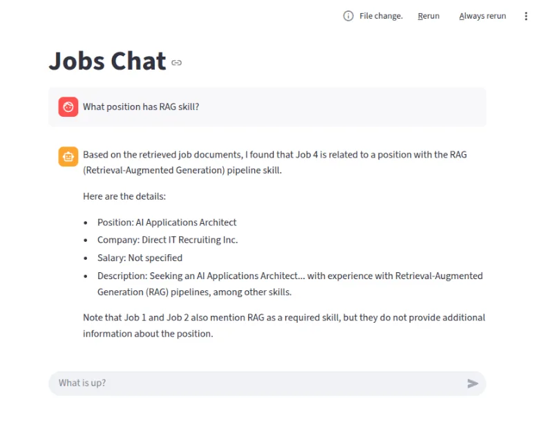 Streamlit RAG chat answering a question about job postings