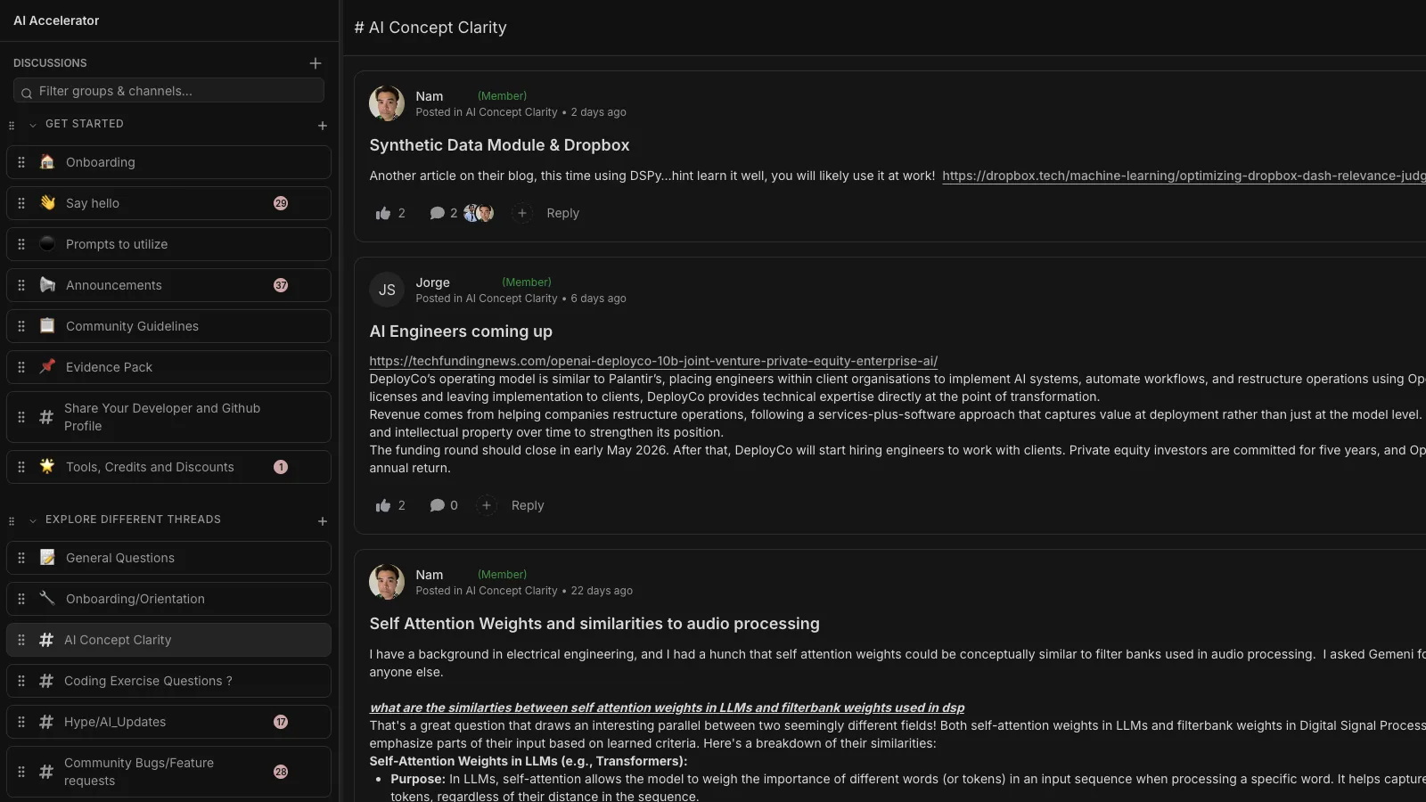 The private cohort community with channels for onboarding, the Evidence Pack and AI concepts
