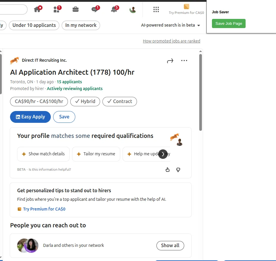 Job Trucker AI browser extension capturing a LinkedIn job posting